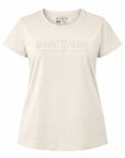 Beige t-shirt with a logo on a white background