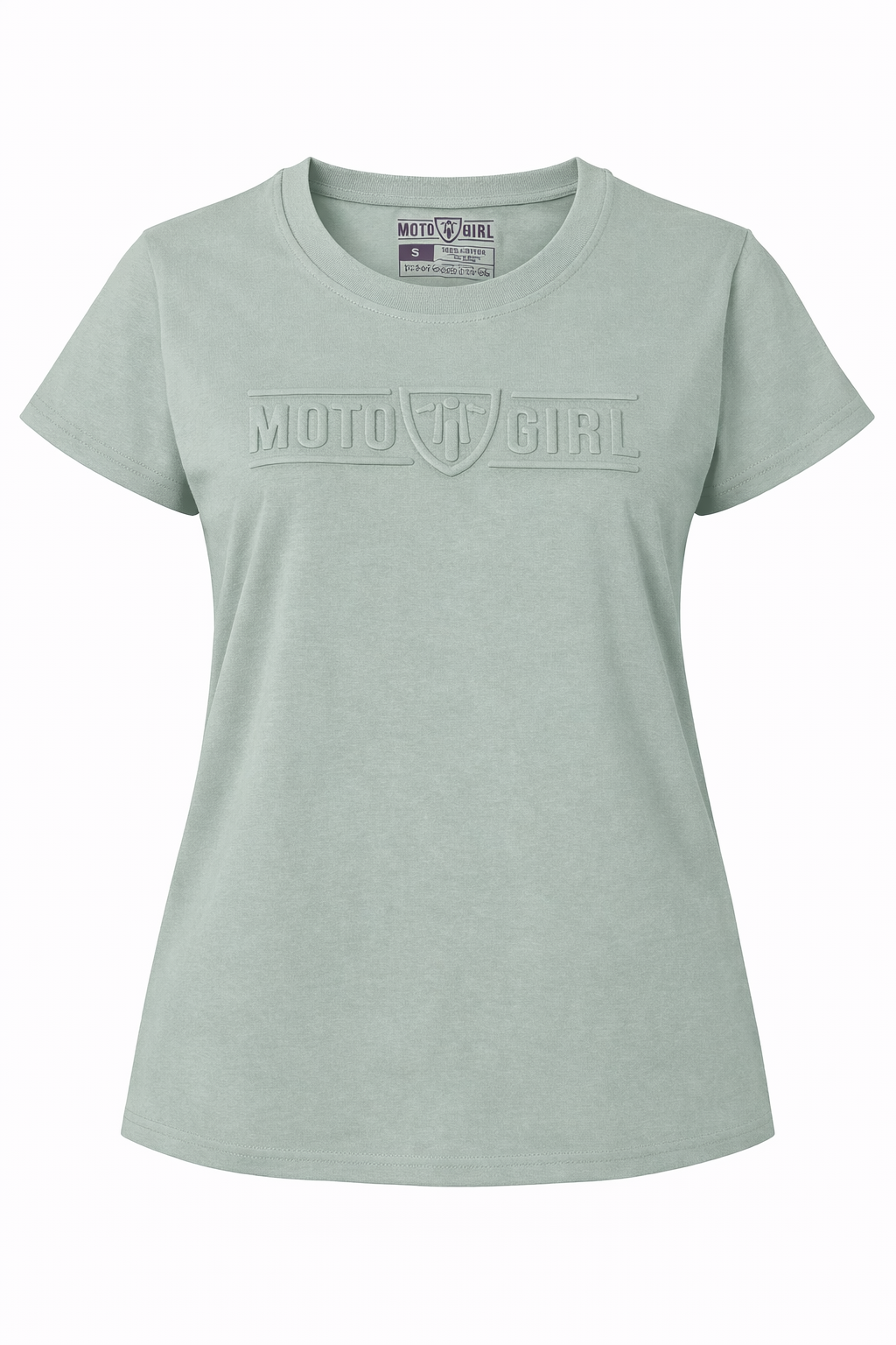 Light green t-shirt with 'Moto Girl' logo on a white background