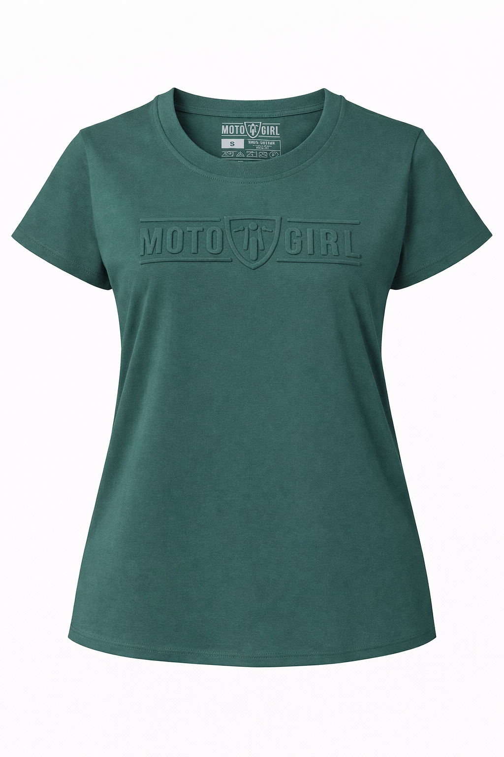 Green t-shirt with 'Moto Girl' logo on a white background