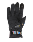 A palm of black women’s motorcycle gloves with colorful stripe details and paw prints on the index and middle fingers.