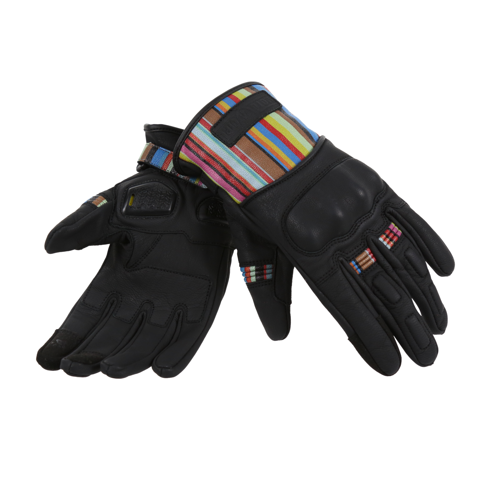 simple black women’s motorcycle gloves with colorful stripe details and paw prints on the index and middle fingers.