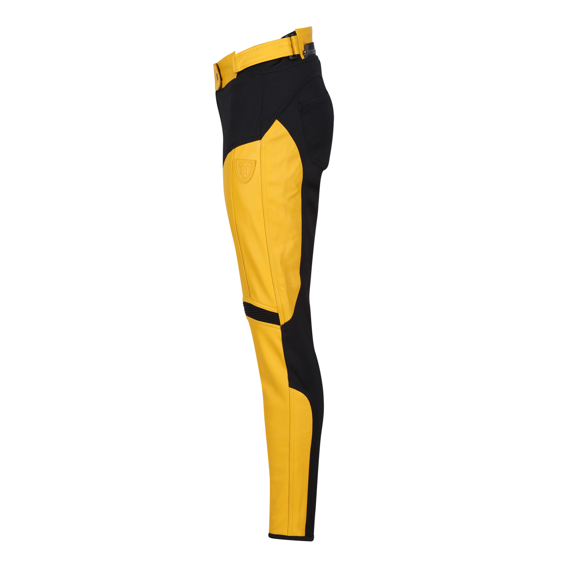the side of black yellow motorcycle leather and textile pants from the Moto Girl 
