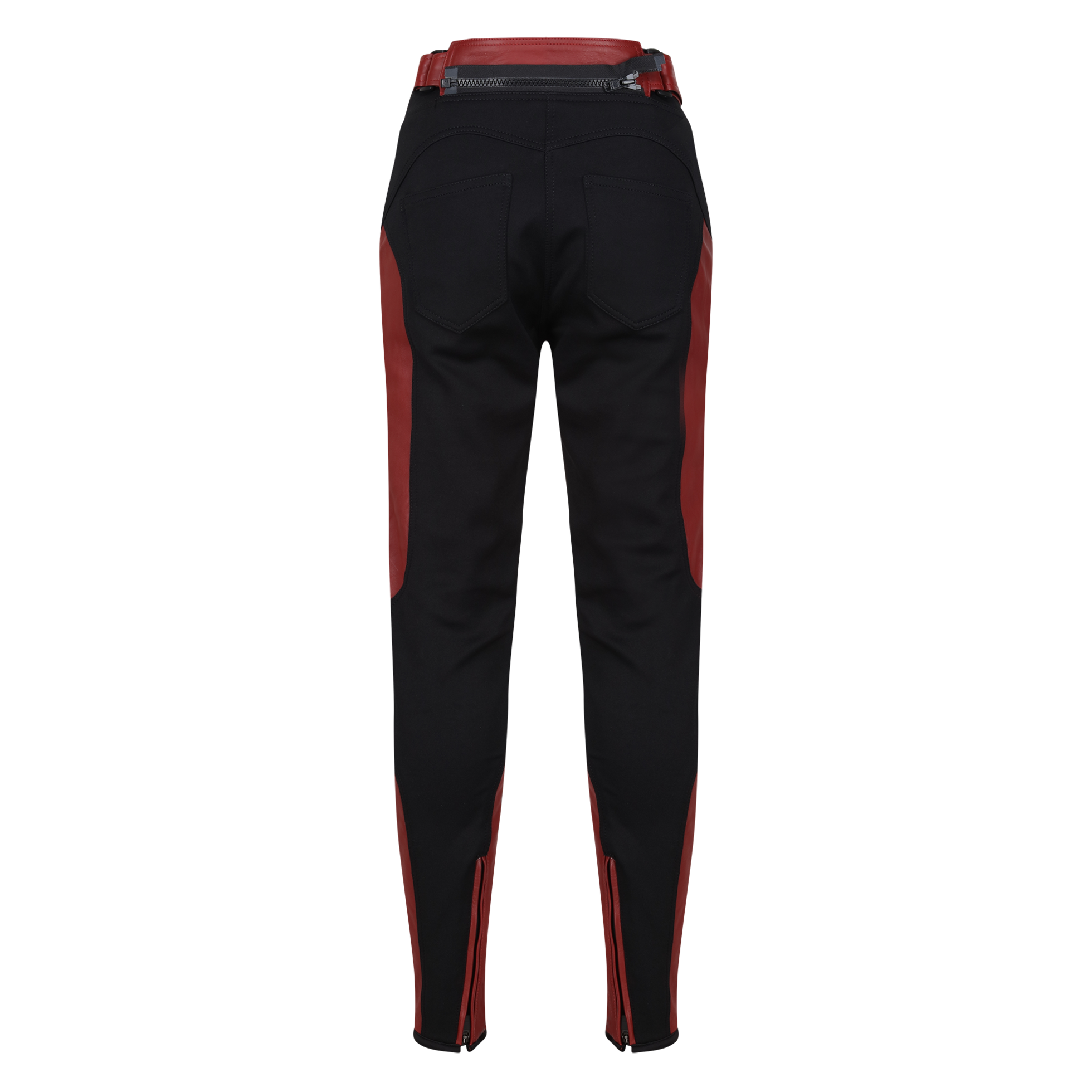 A back of black red motorcycle leather and textile pants from the Moto Girl