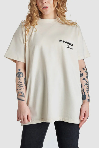 a woman wearing beige mc t-shirt from Pando Moto