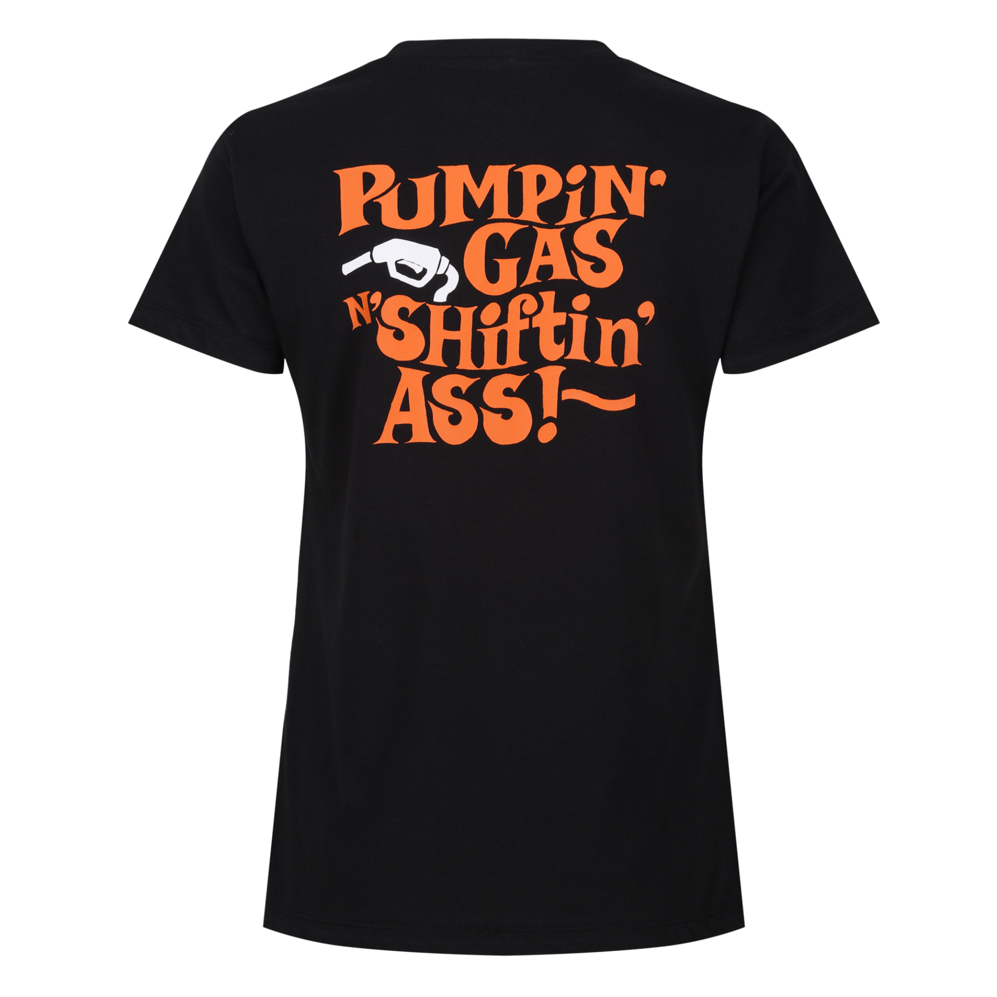 black t-shirt wih orange text and gasoline pump picture from moto girl