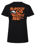 black t-shirt wih orange text and gasoline pump picture from moto girl