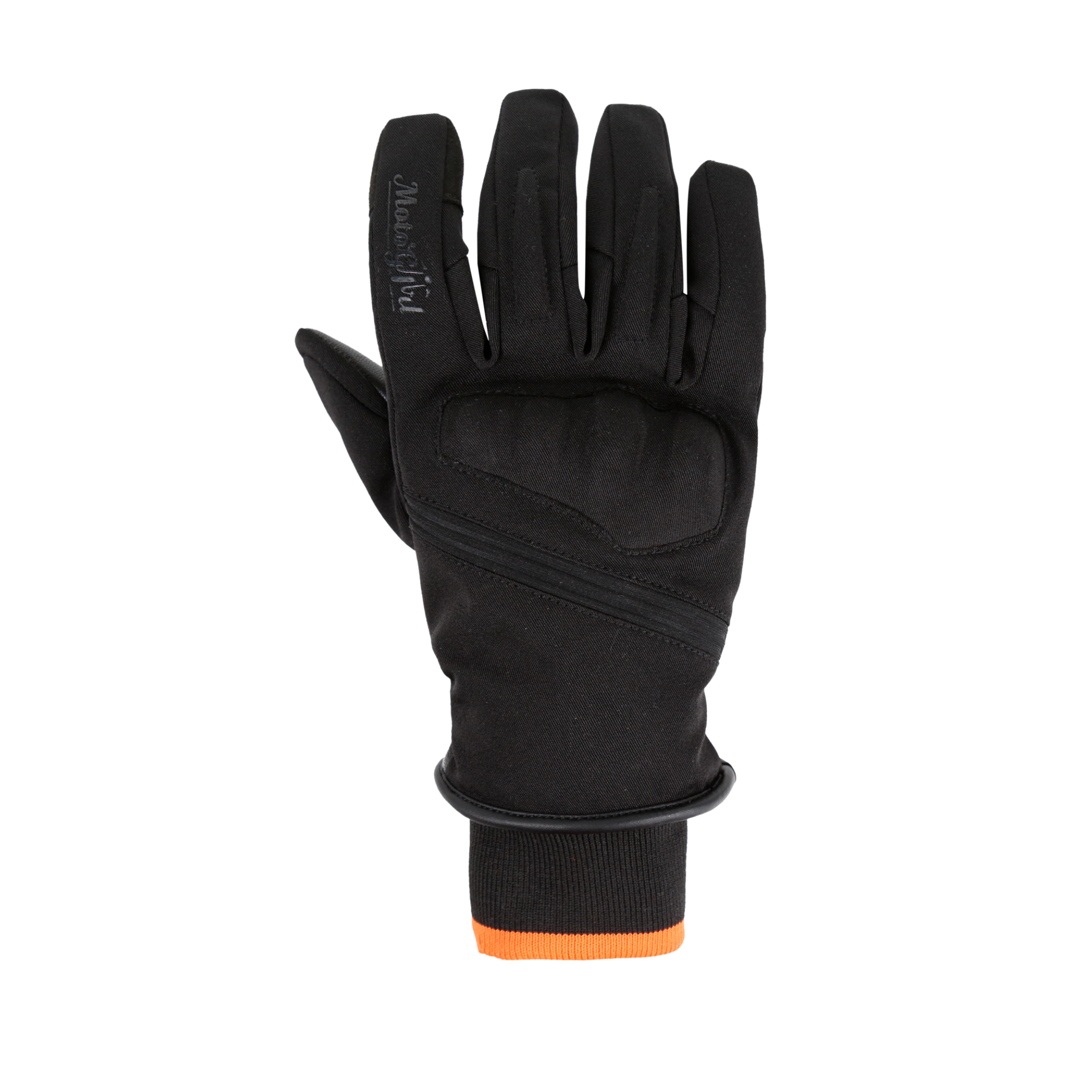 FRONT OF BLACK MOTORCYCLE GLOVES WITH MOTOGIRL LOGO 