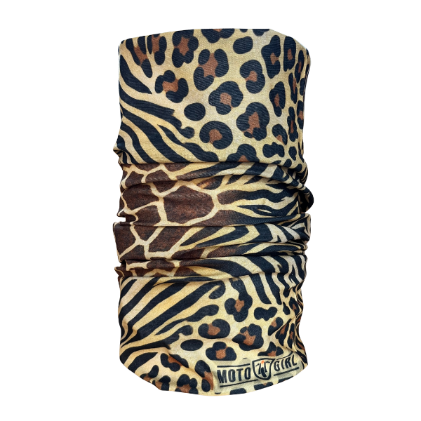 A single neck gaiter or face tube with a mixed animal print pattern, featuring leopard spots, zebra stripes, and giraffe-like patches in beige, brown, black, and tan. The brand name 'MOTO GIRL' is printed on a small black label at the bottom right.