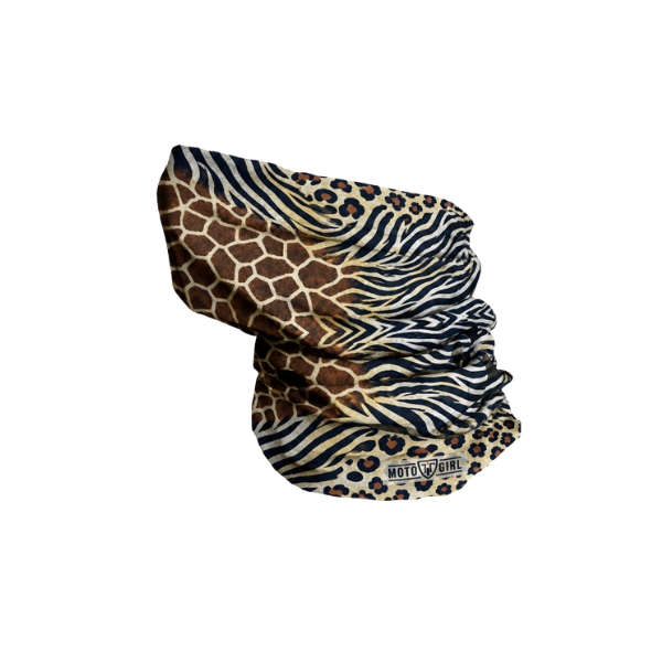 A neck gaiter or balaclava featuring a multi-pattern design with a giraffe print, zebra stripe, and leopard print, folded to show the pattern variety. A small 'MOTO GIRL' brand label is visible on the lower right edge.