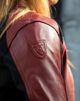 Close up of woman wearing Red Fiona Motorcycle Jacket from Moto Girl