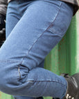 woman's leg wearing Blue motorcycle jeggings for women from MotoGirl