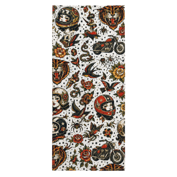 A long rectangular fabric item, likely a towel or blanket, featuring a dense traditional tattoo-style print with tigers, motorcycles, roses, birds, snakes, spiders, and helmets on a white background.