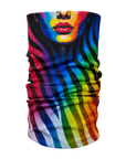 A tubular neck gaiter or face mask featuring a vibrant rainbow zebra stripe pattern with a stylized graphic of a woman's face in the upper portion, shown against a plain white background.
