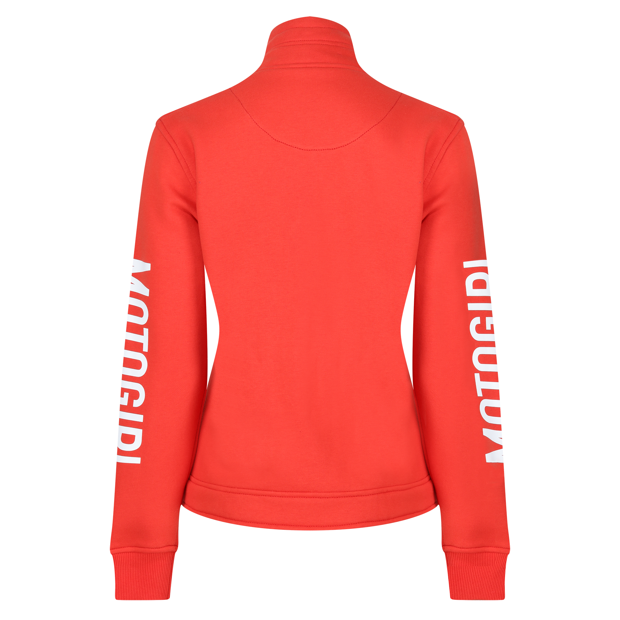 a back of a red high neck sweatshirt from motogirl