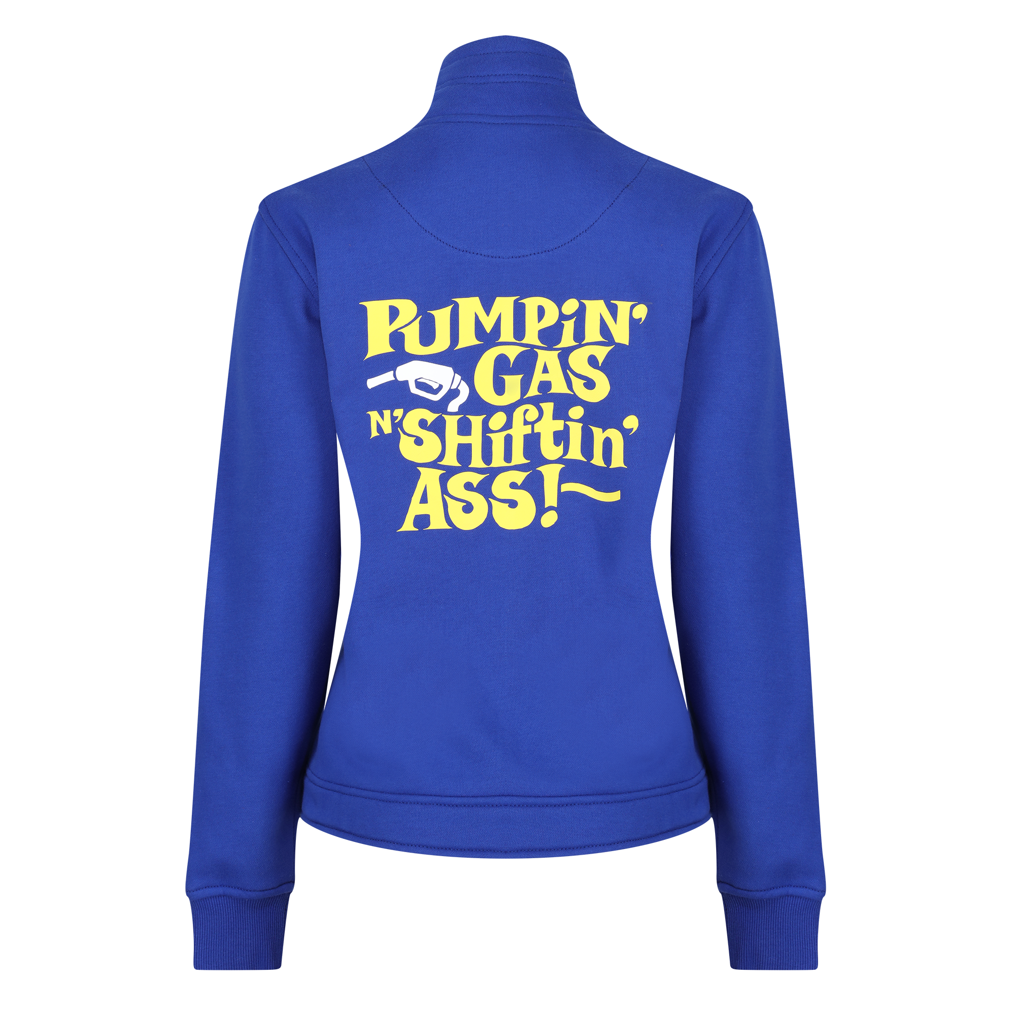 navy colour lady sweatshirt with yeallow "pumping gas shifting ass"motive on the back