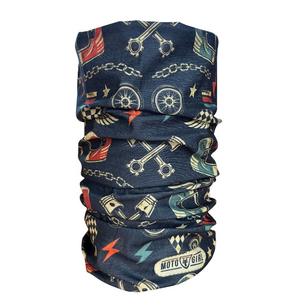 A navy blue tubular neck gaiter with a vintage motorcycle-themed print featuring crossed engine parts, pistons, chains, lightning bolts, and the 'MOTO GIRL' logo, shown on a plain white background.
