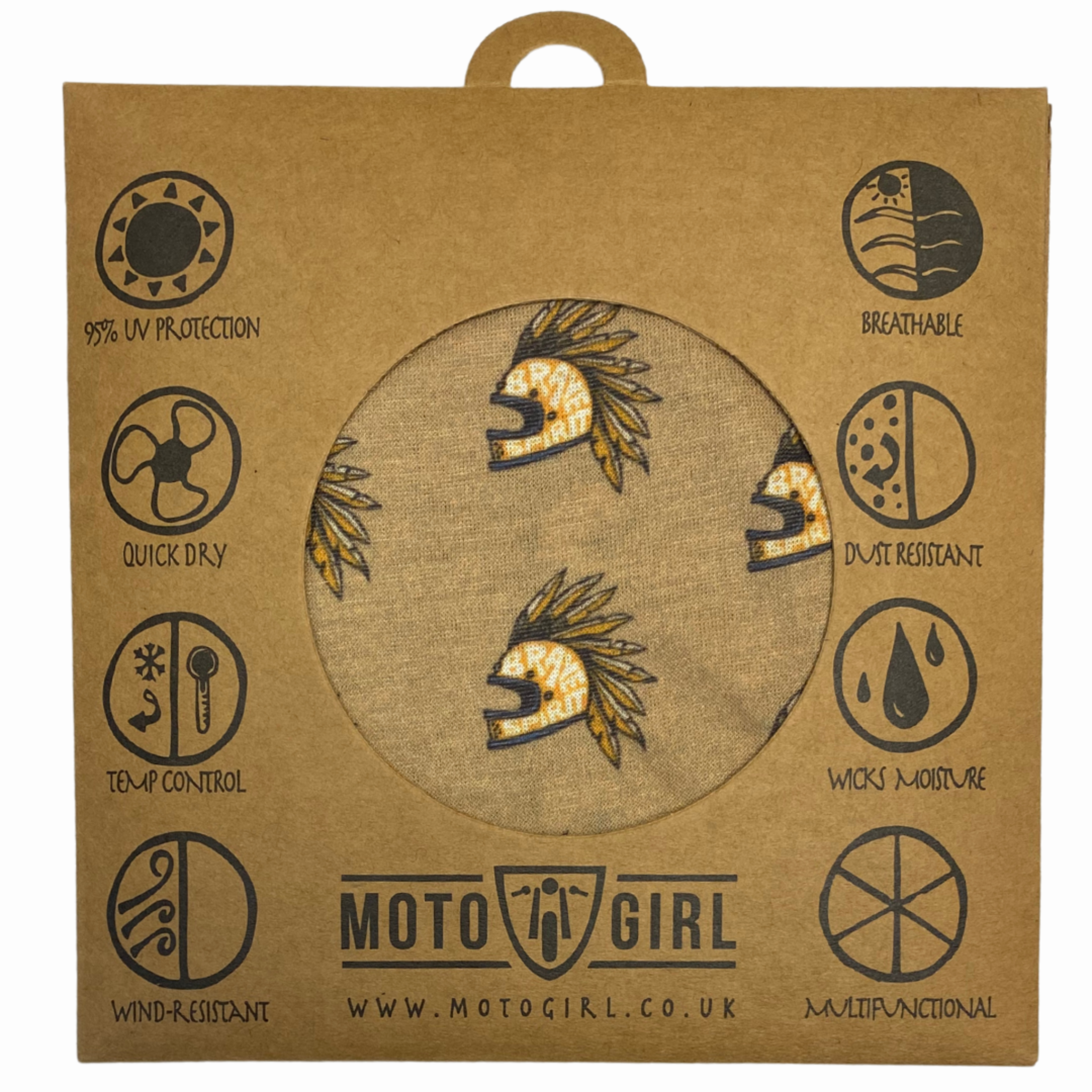 Astec bandana in sand color, featuring a pattern of yellow motorcycle helmets with feather-like details flowing down the sides, displayed in its packaging that highlights its different functions, with the MotoGirl logo at the bottom.