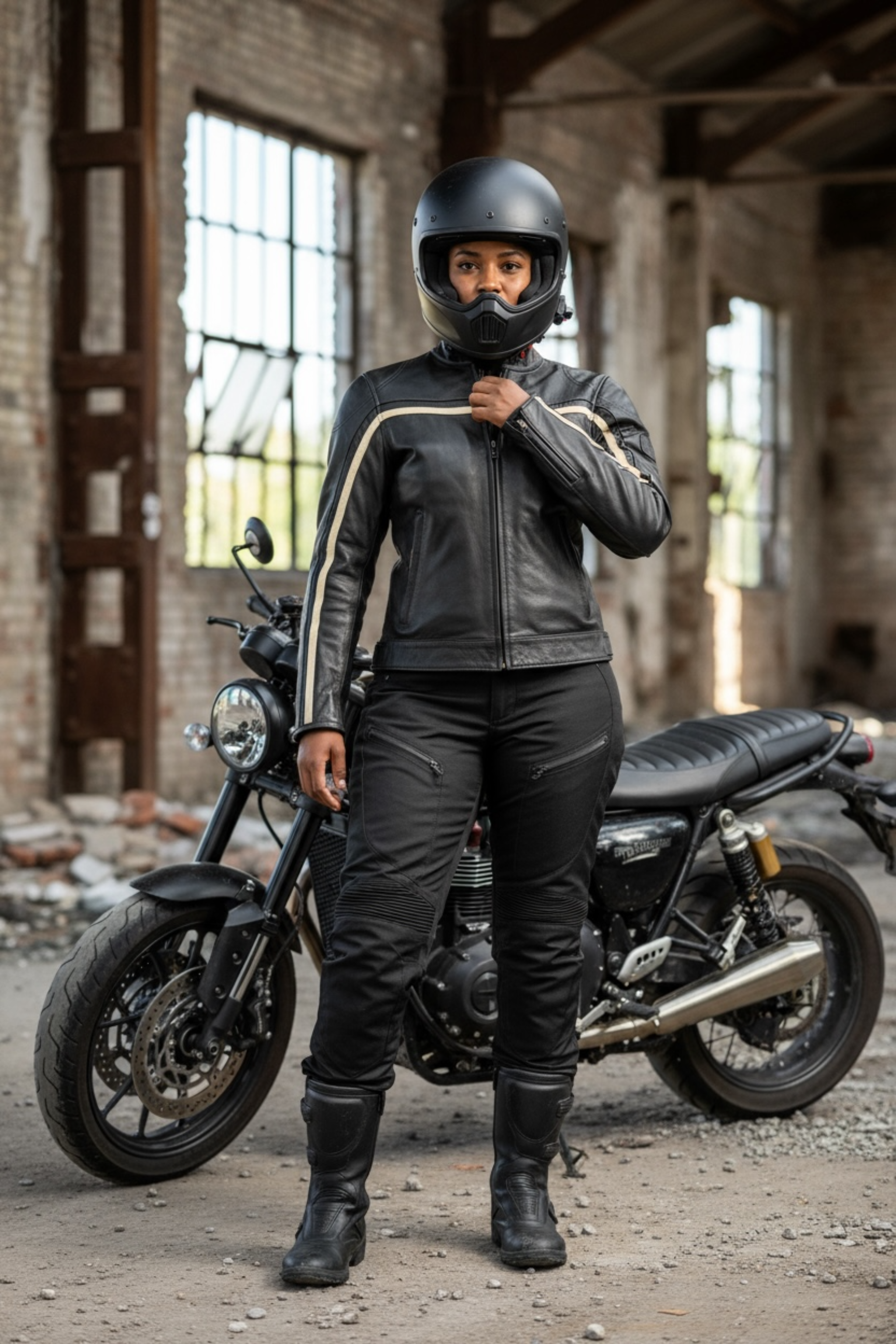 Person wearing a black leather jacket and helmet standing next to a motorcycle in an industrial setting.