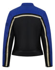 a back of Retro style blue and black women motorcycle jacket