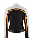 a back of retro style white, black and orange women motorcycle jacket