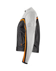a side of retro style white, black and orange women motorcycle jacket
