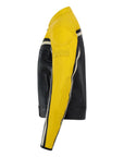 a side of retro style black and yellow women motorcycle jacket