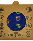 Helmet bandana in dark blue, featuring a pattern of various motorcycle helmets in different colors, displayed in its packaging that highlights its different functions, with the MotoGirl logo at the bottom.