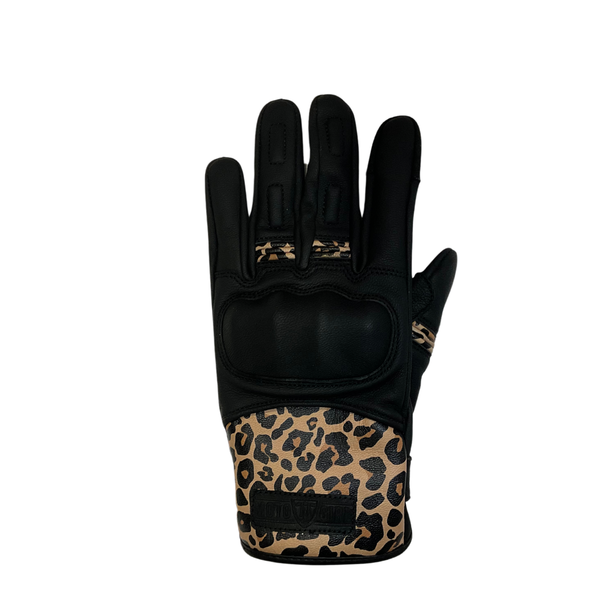 Black women&#39;s motorcycle glove with colourful leopard skin details