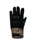 Black women's motorcycle glove with colourful leopard skin details