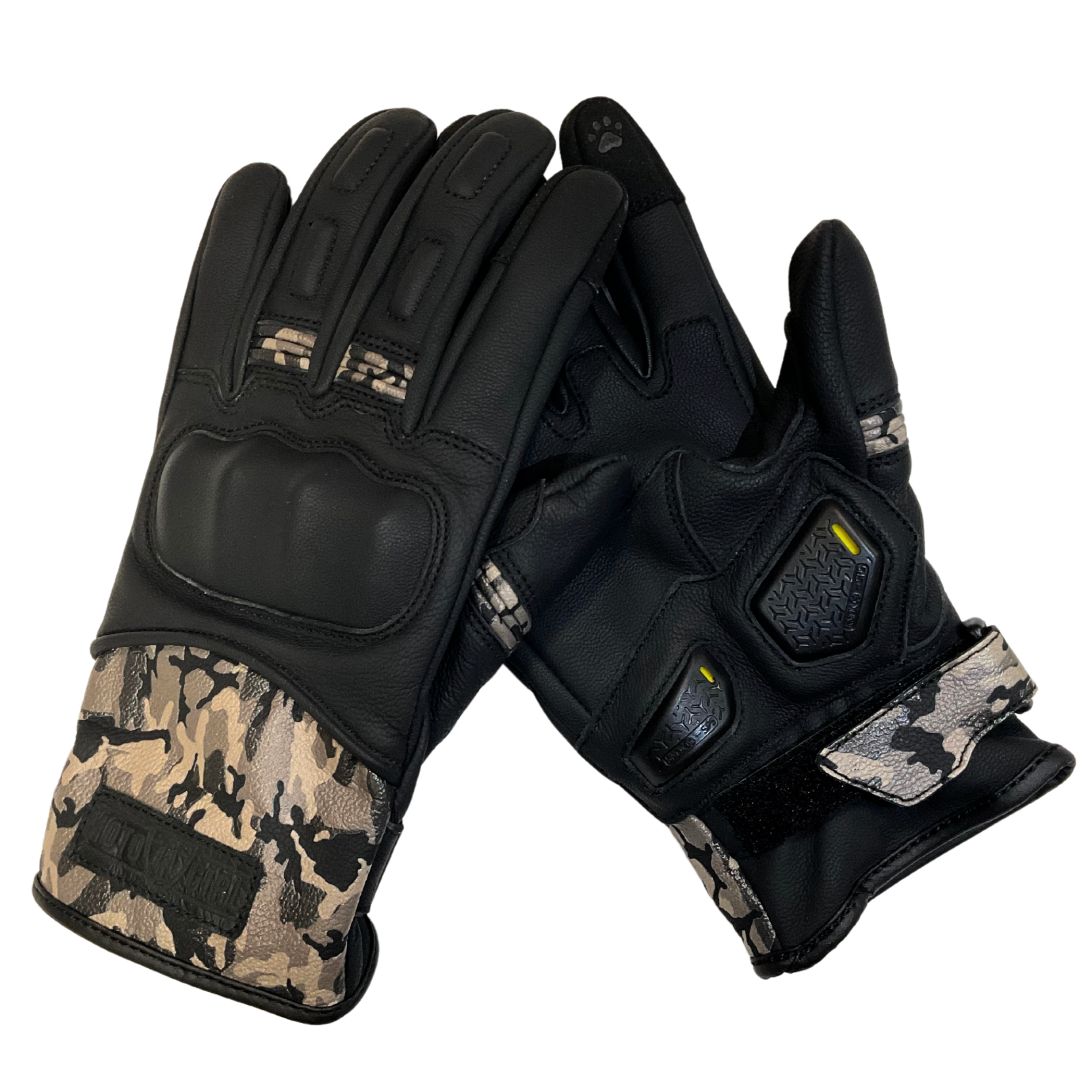 black women&#39;s motorcycle gloves with camo details  and with paw print details on the index and middle fingers.