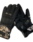 black women's motorcycle gloves with camo details  and with paw print details on the index and middle fingers.