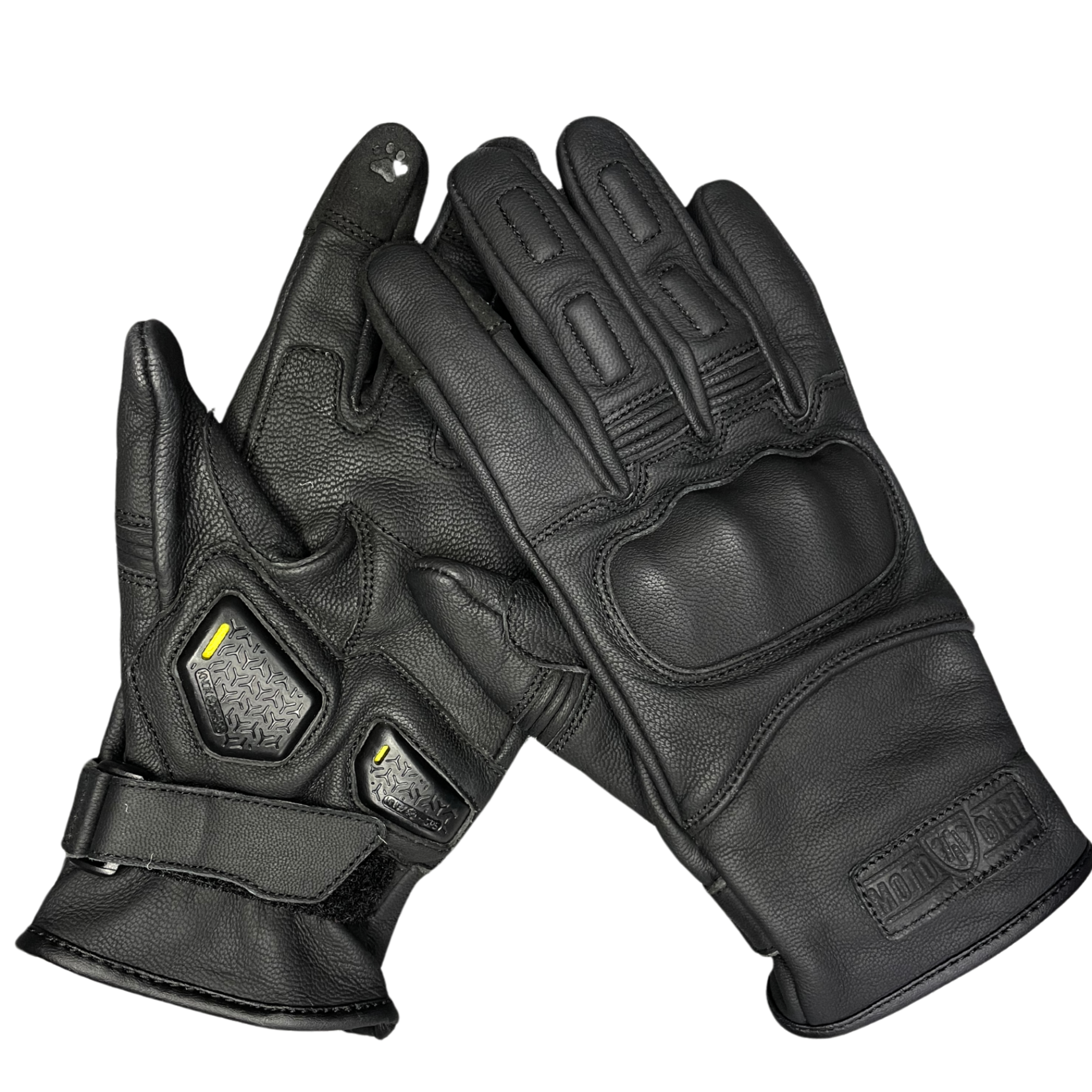 simple design black women&#39;s motorcycle gloves from MotoGirl with paw print details on the index and middle fingers.