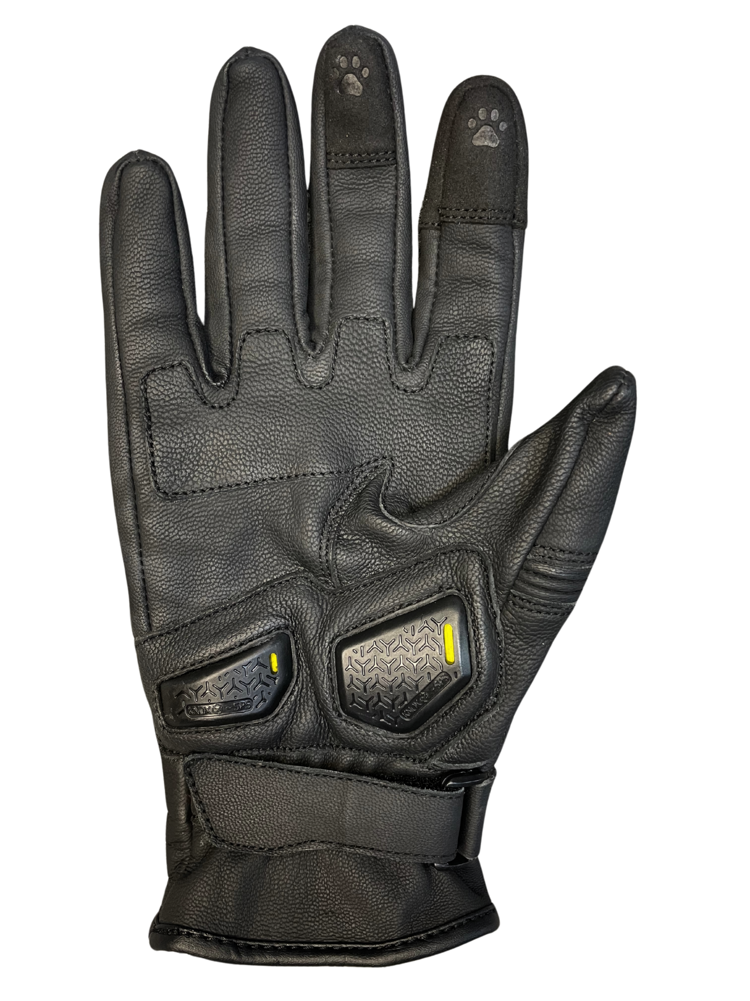 A palm of simple design black women’s motorcycle glove from MotoGirl with paw print details on the index and middle fingers.