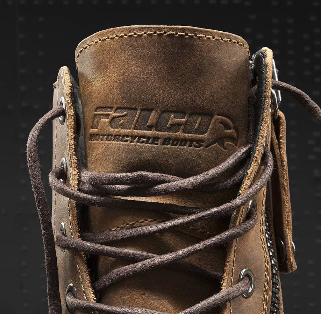 a close up of the brown leather  falco motorcycle boot