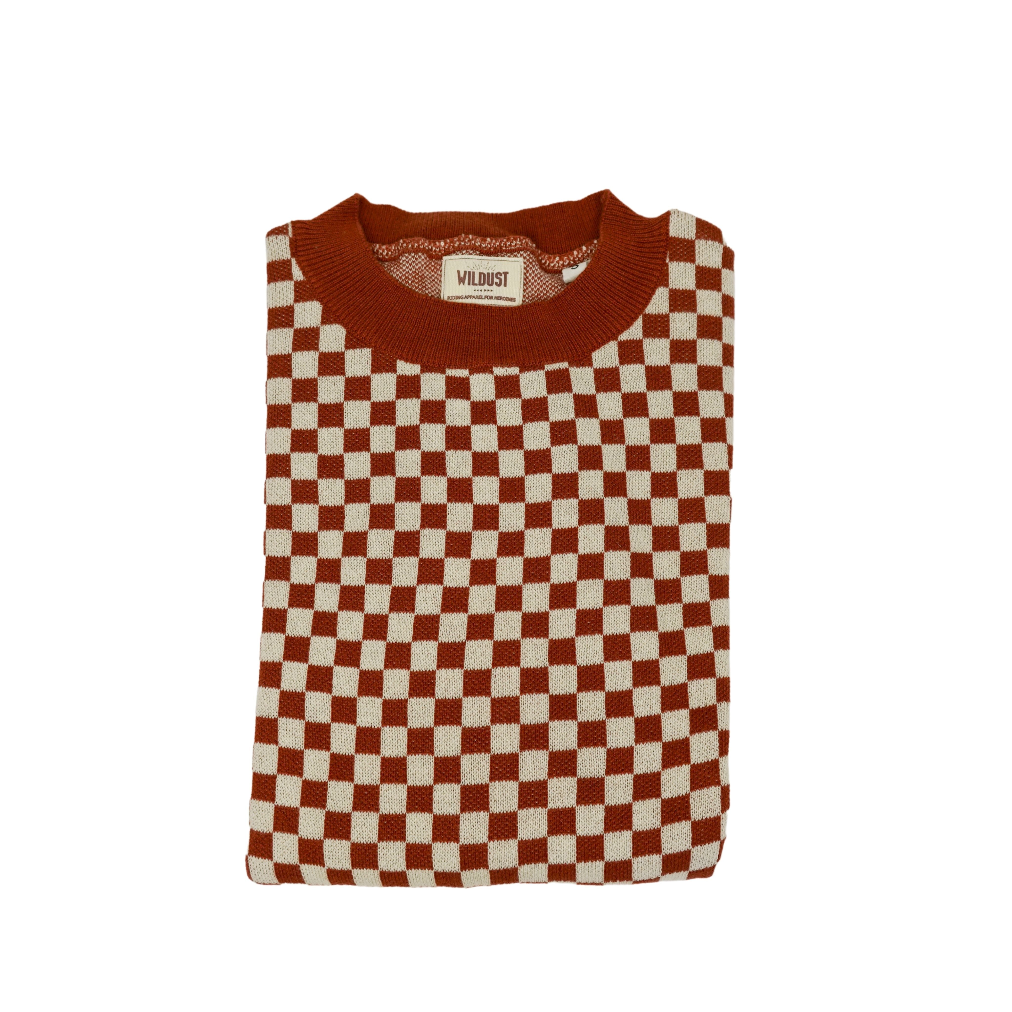 a knitted red and white jumper with chessboard motives from Wildust
