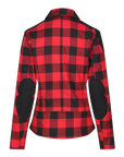 back of red and black flannel style women's jacket from moto girl