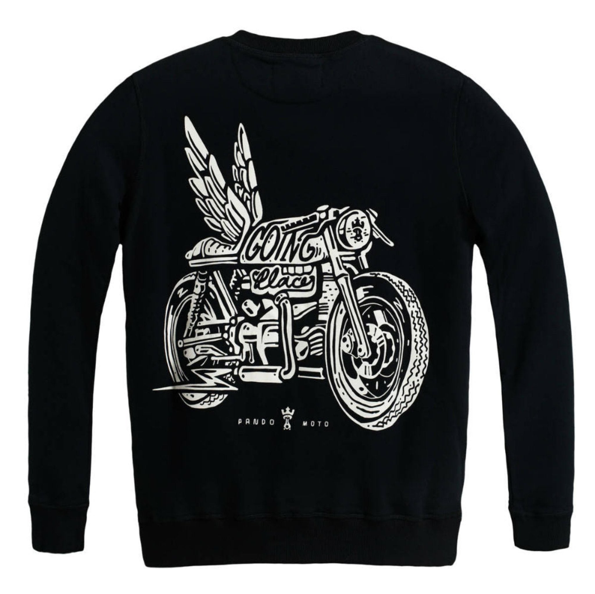 black sweatshirt from Pando Moto with motorcycling motive Going places