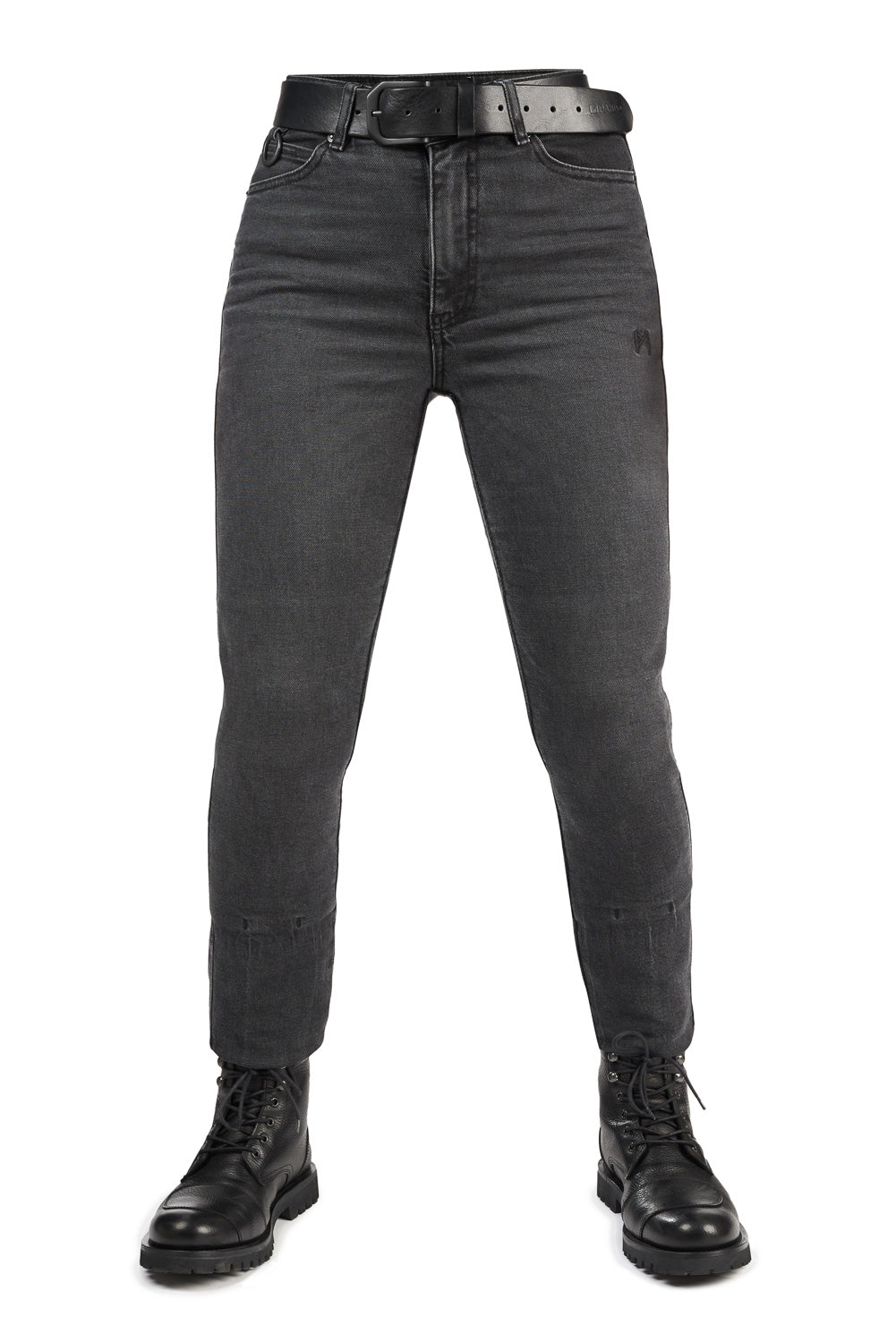 Black jeans with a belt and black boots on a white background
