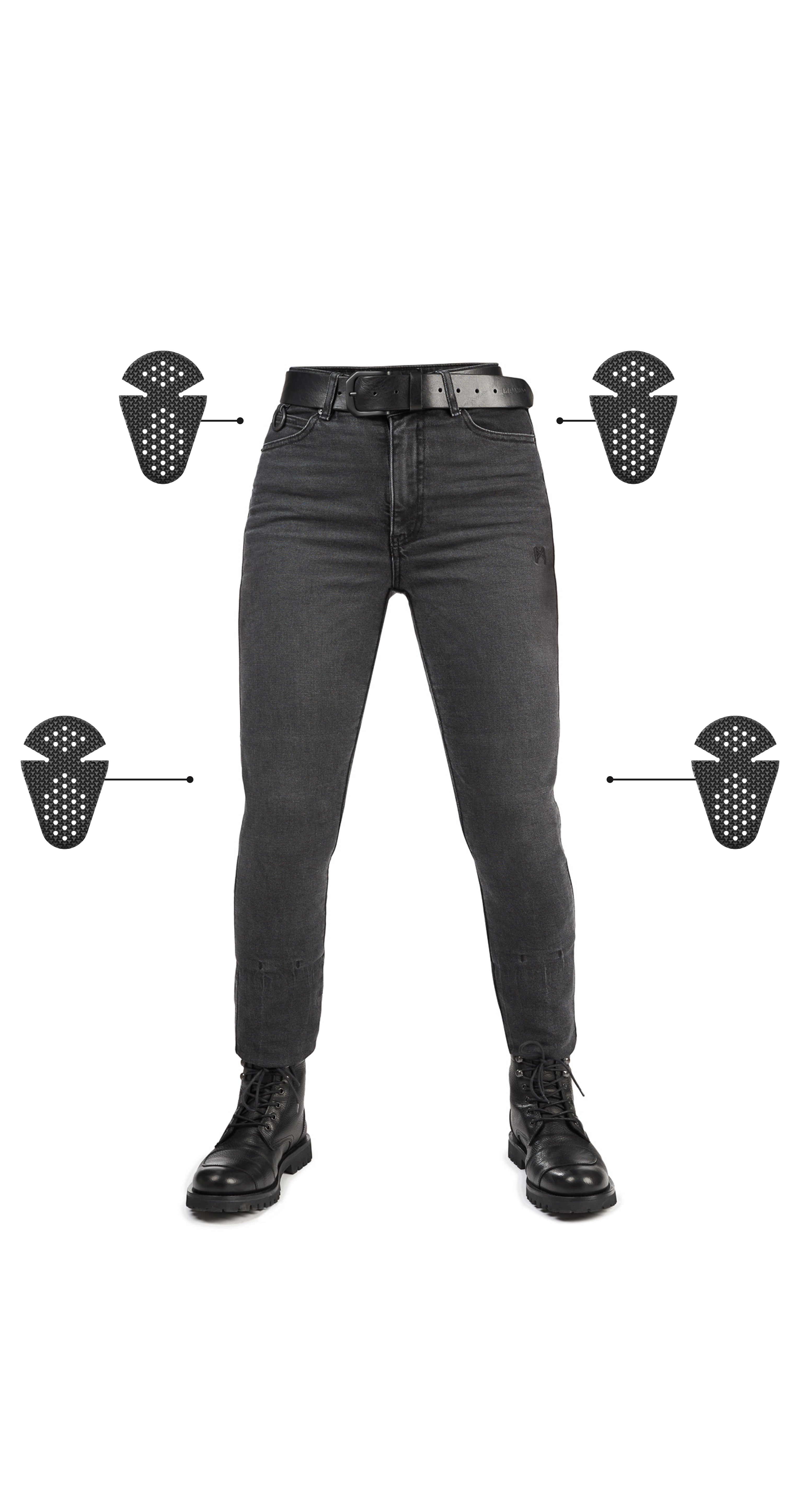 Black jeans with a belt on a white background