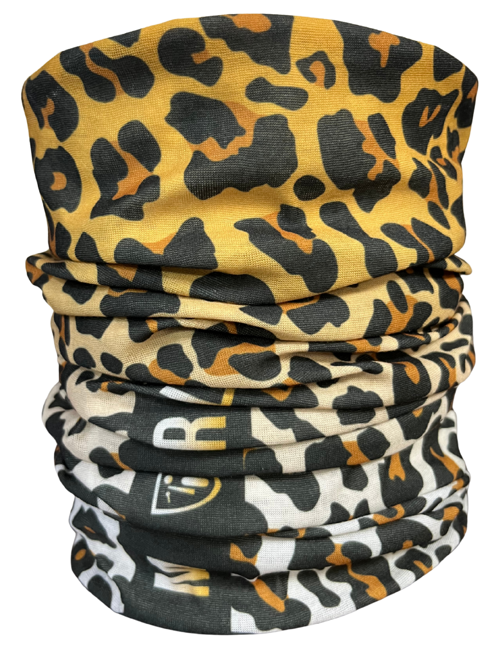 Multicolored patterned neck gaiter on a white background