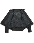 Black quilted jacket on a white background