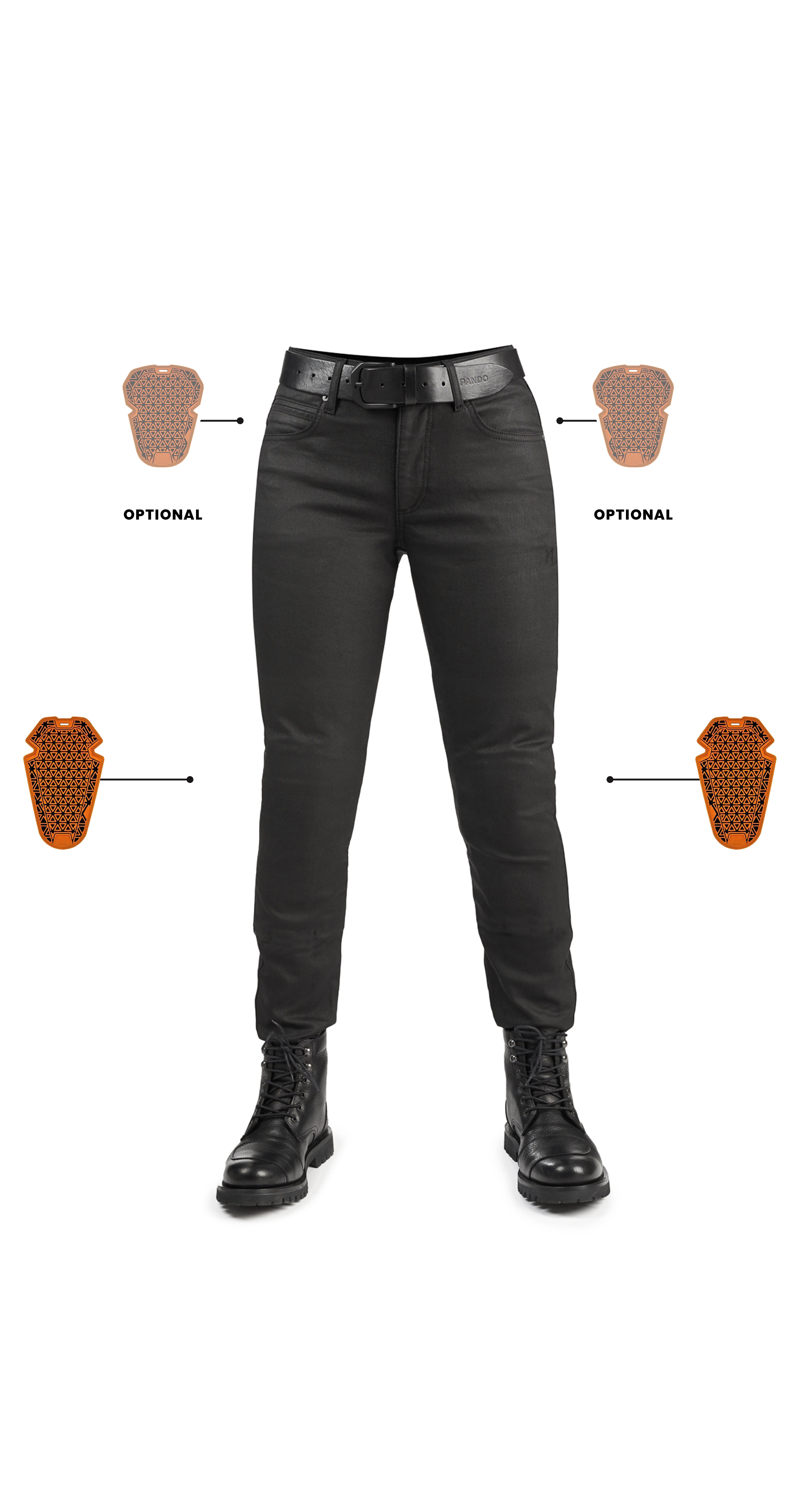 Black motorcycle pants with belt and boots and impact protectors on a white background