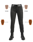 Black motorcycle pants with belt and boots and impact protectors on a white background