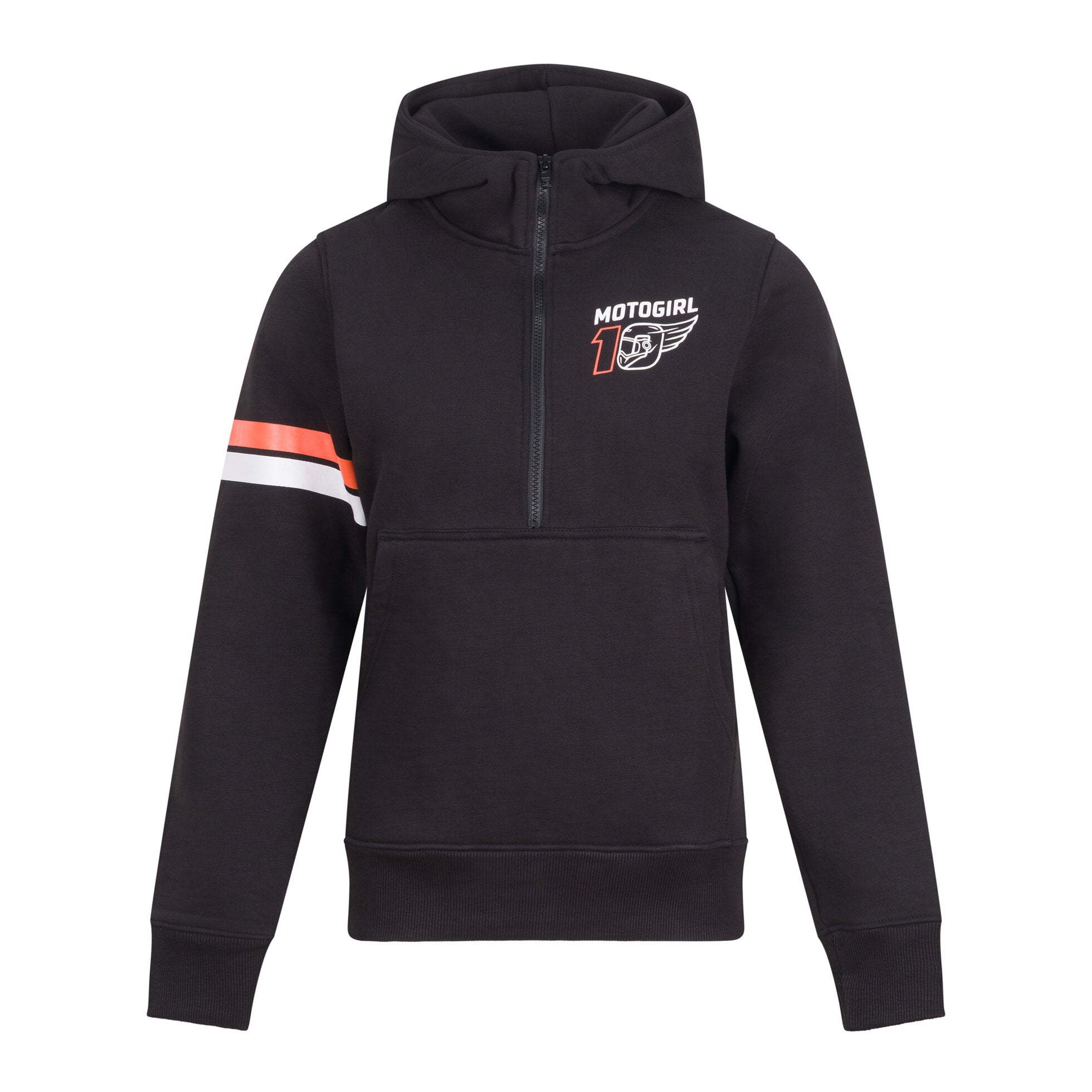 Black hoodie with orange and white accents on a white background