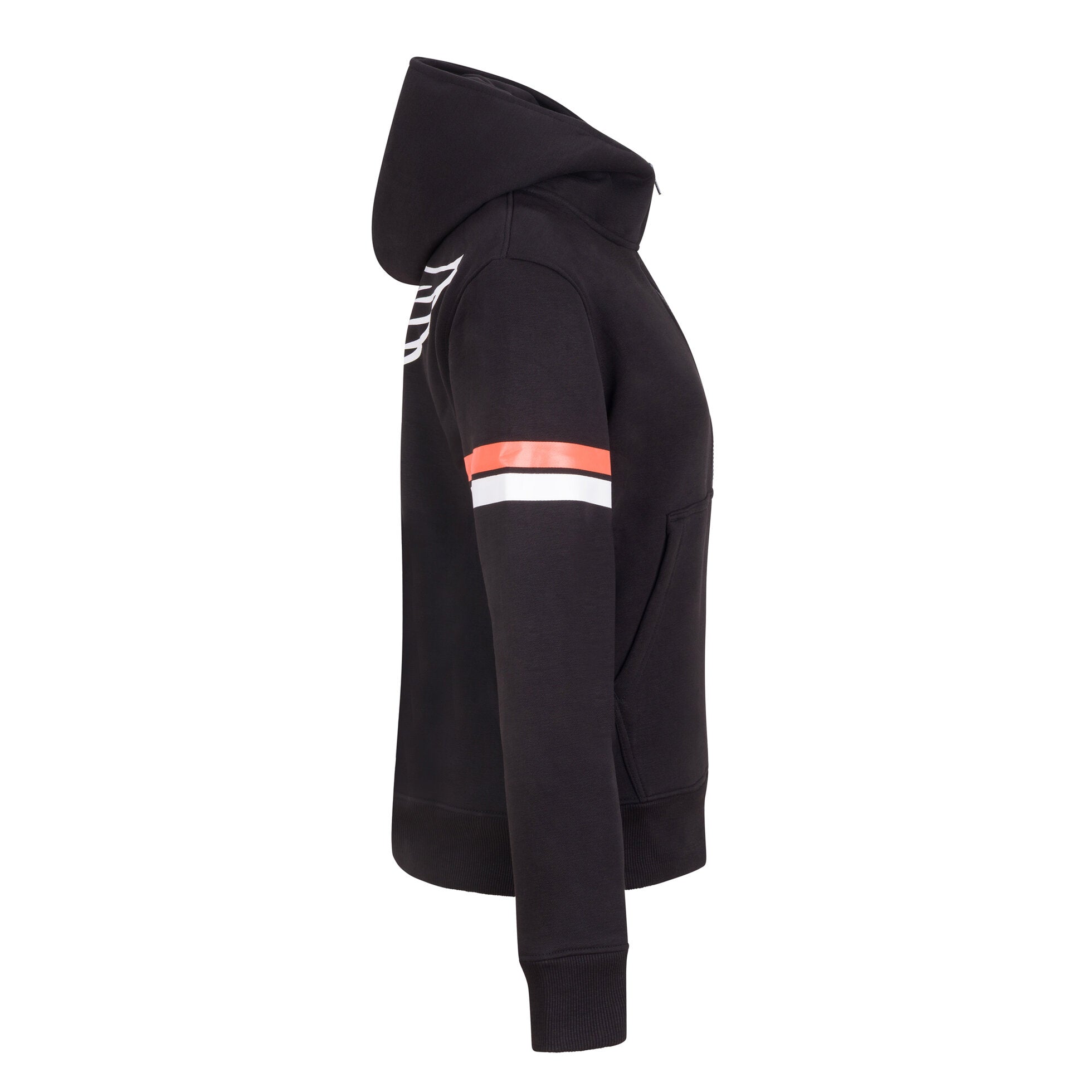 Black hoodie with white and orange accents on a white background