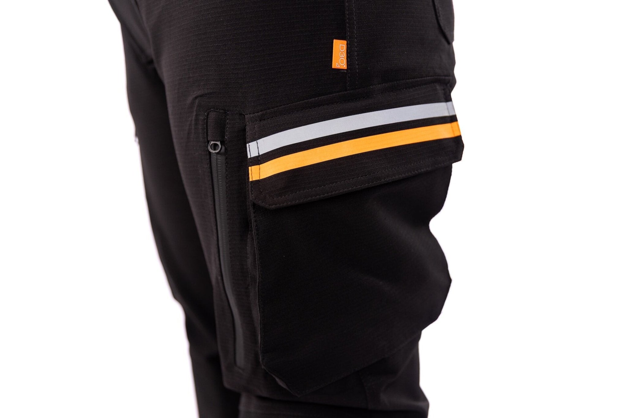 Black pants with reflective stripes on a white background