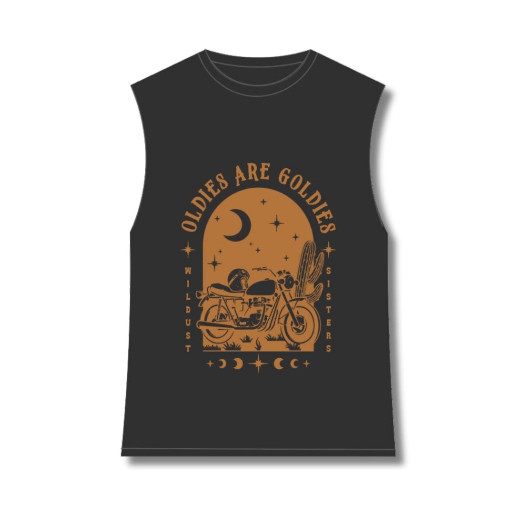 off-black tank top with brown motorcycle motive and oldies but goldies text