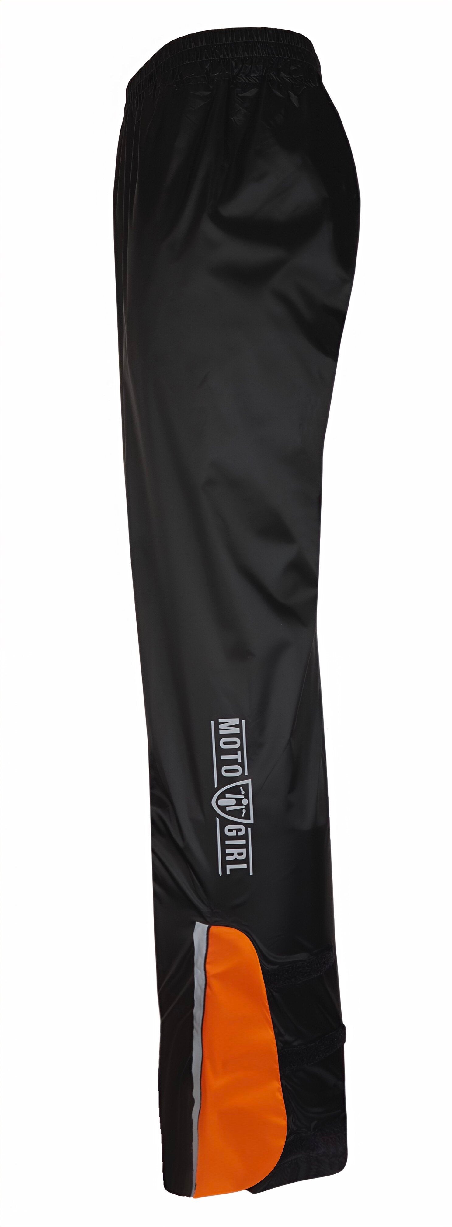 Black pants with orange accents and a brand logo on a white background