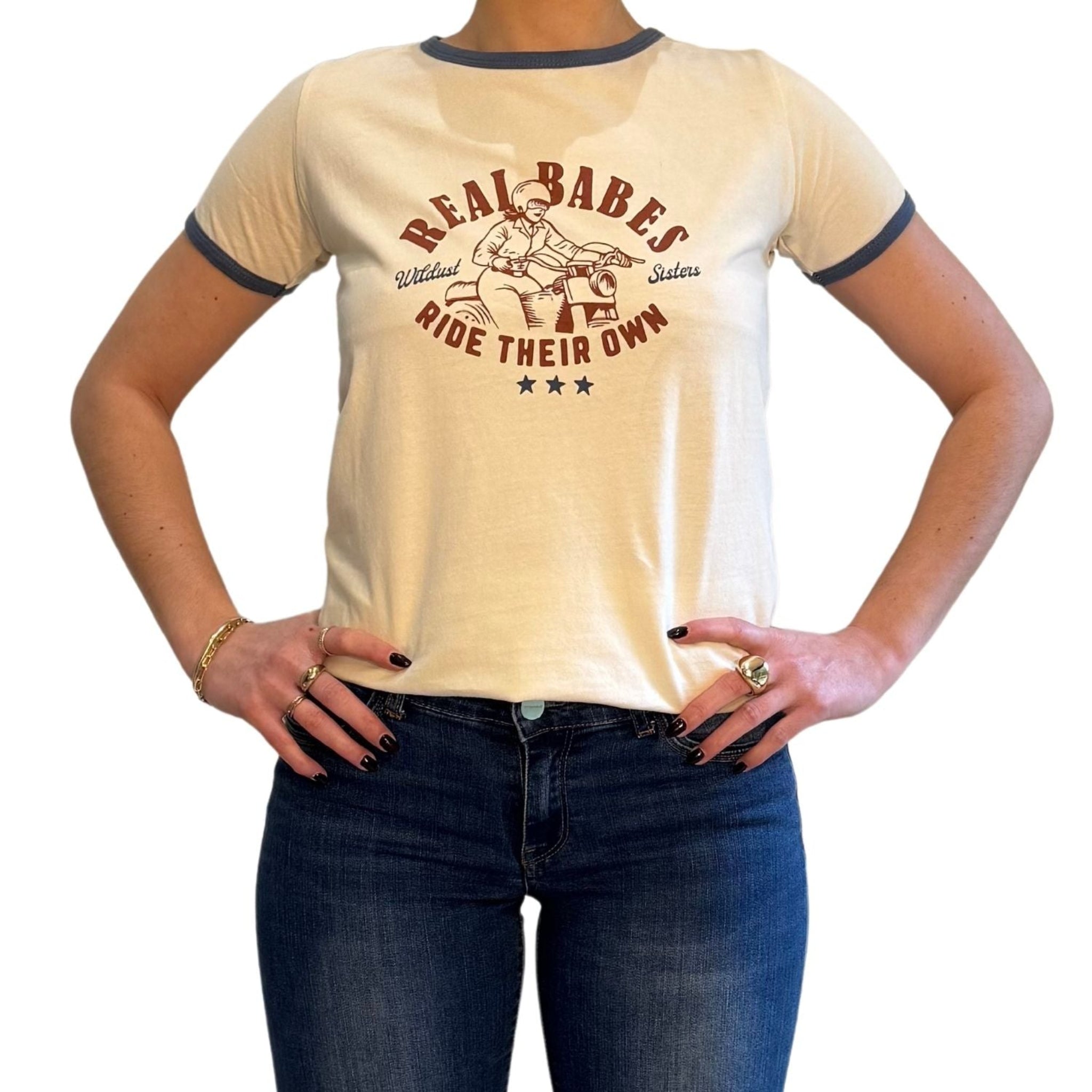part of woman's body wearing REAL BABES RIDE THEIR OWN retro style t-shirt