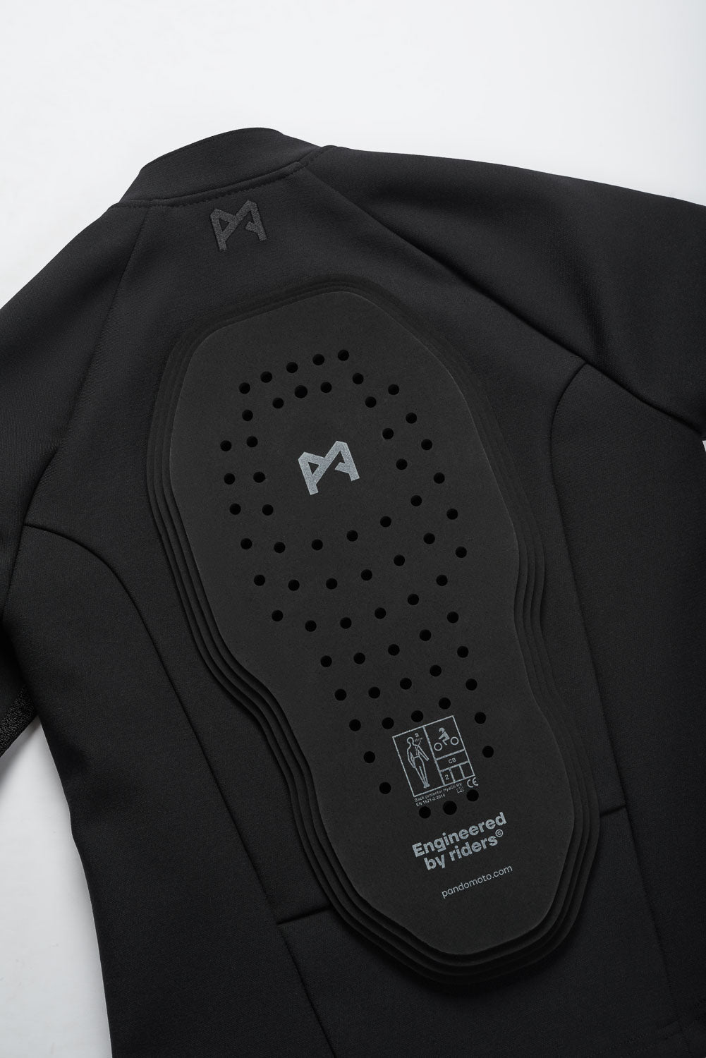 Black protective pad with a brand logo on a white background
